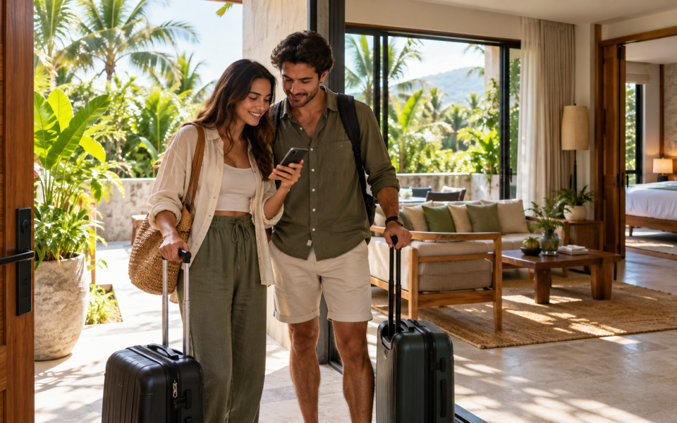 Viajeros con sus maletas en la entrada de un alojamiento vacacional tropical.