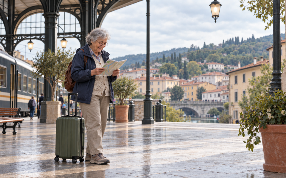 Un viajero consulta información local en una estación europea ficticia.