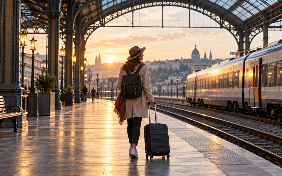 Illustration générée par IA : un voyageur avec une petite valise attend sur un quai de gare à l’aube.