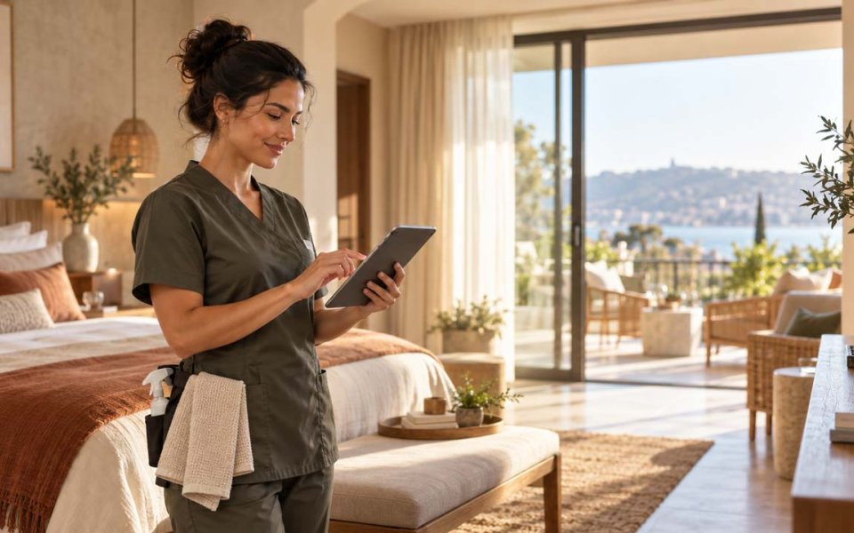 Cleaning professional using a smartphone in a modern property