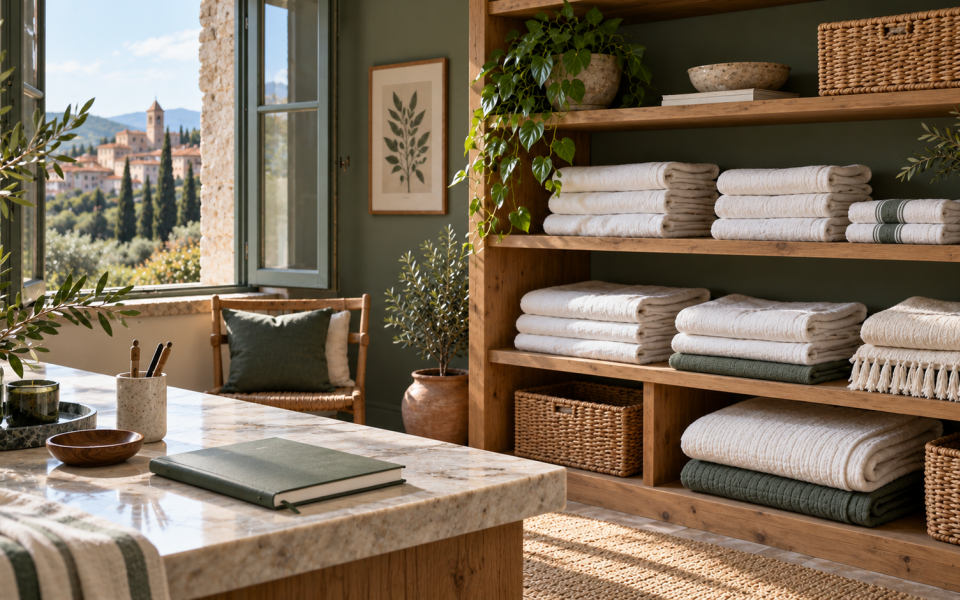 Linge propre et matériel de préparation organisés dans un appartement fictif.