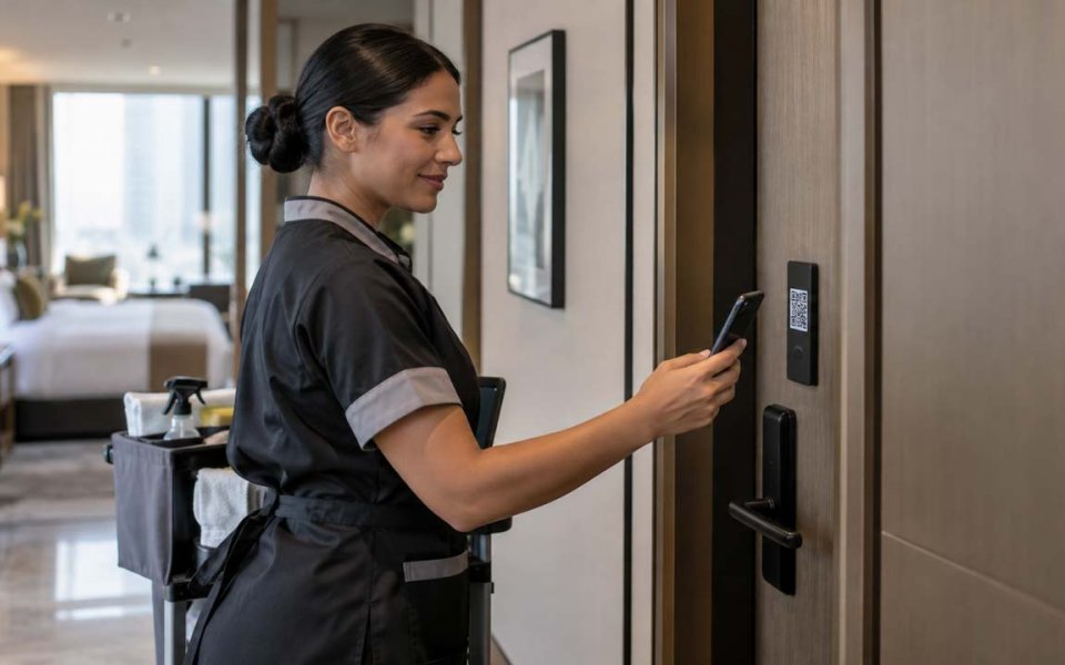 Modern cleaning professional using digital tools during a job