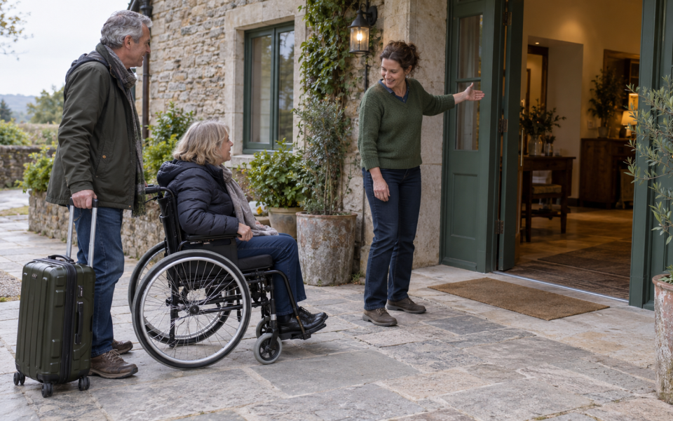 Fictional scene: a host welcomes a traveller using a wheelchair and her companion at an accommodation entrance.