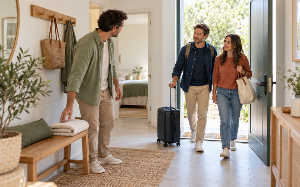 Illustration générée par IA : un professionnel accueille deux voyageurs avec leurs bagages à l’entrée d’un logement soigneusement préparé.