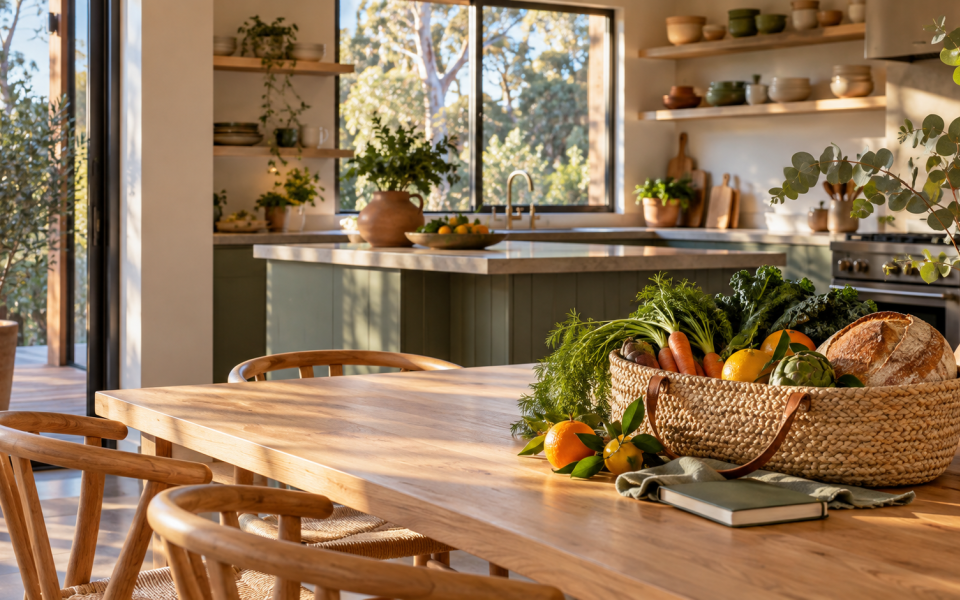 Fresh market produce on the kitchen table of a clean, prepared holiday rental.