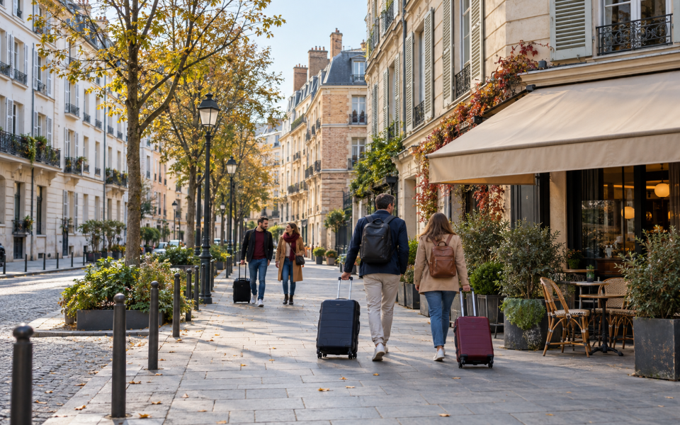 AI-generated illustration: travellers with suitcases on a street lined with European residential buildings.
