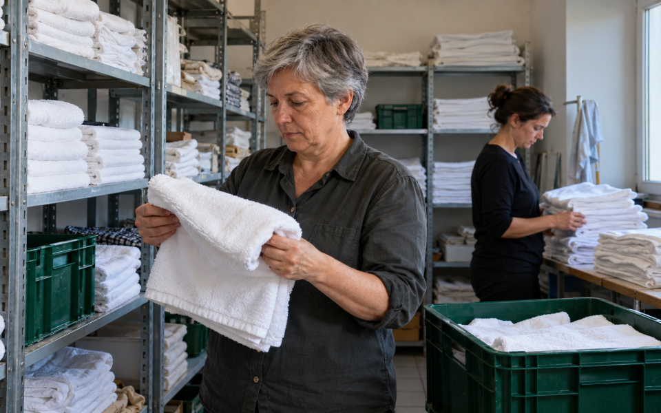 Fictional scene: two professionals check clean linen in a storage area.