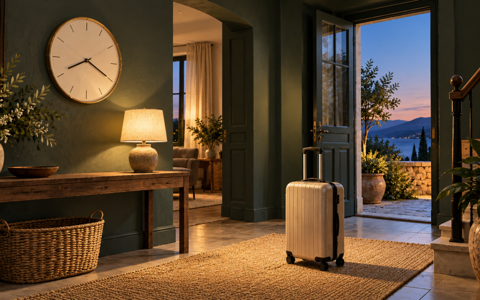 Une horloge et une valise dans l’entrée d’un hébergement fictif au crépuscule.