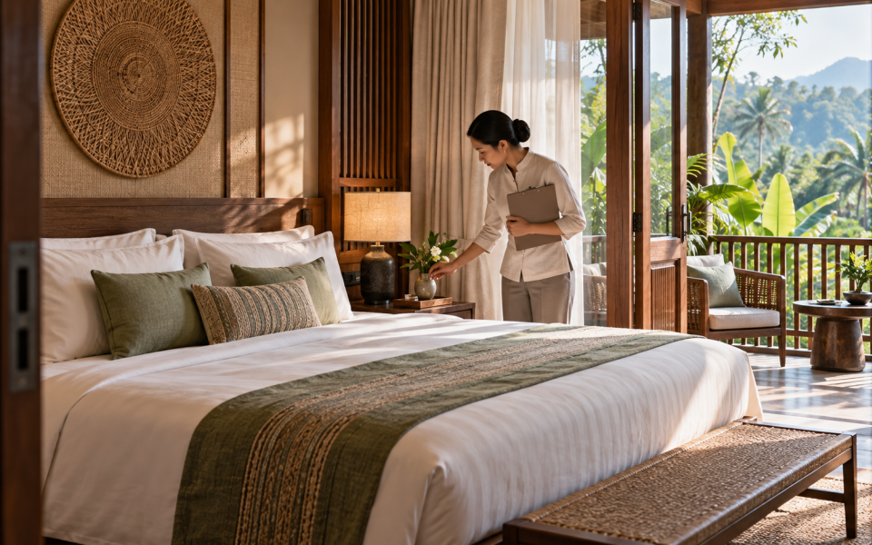 A professional performs the final inspection of a fictional tropical room before welcoming travellers.